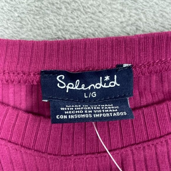Splendid Long-Sleeve Ribbed Top L Magenta Rayon & Elastane Blend NWT 6509 - Picture 3 of 8
